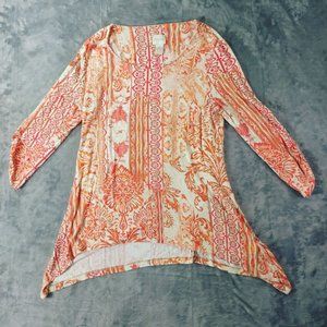 Chicos Womens Tunic Top S Orange‎ Pink Paisley Stretch Rayon High Low Boho Artsy